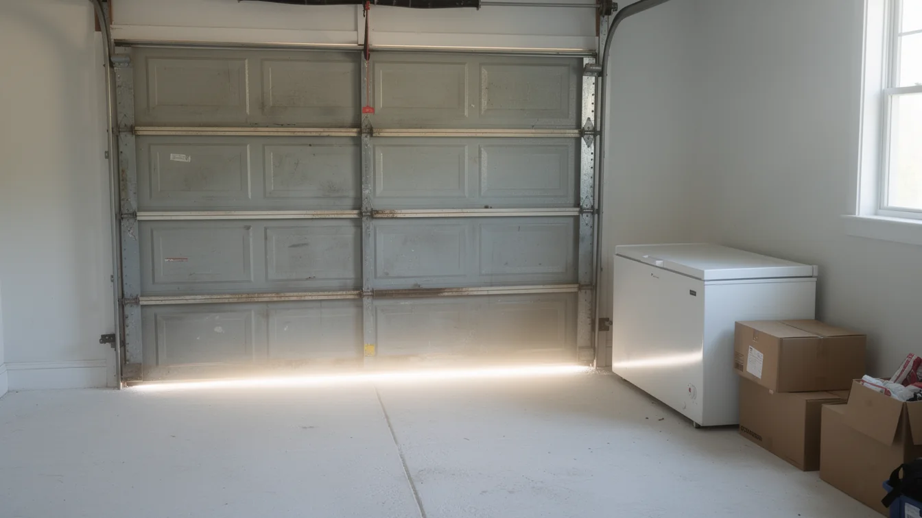 The gray garage door is slightly open, with sunlight streaming into the garage.