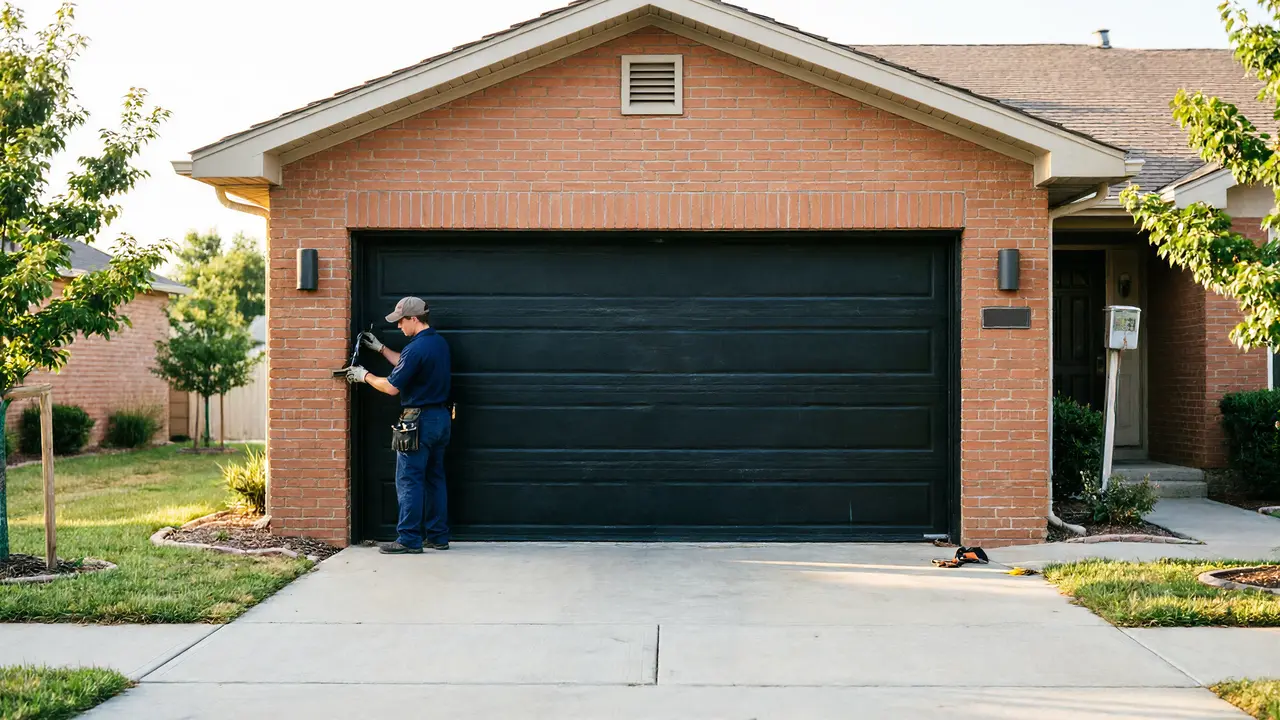 A technician works on a black garage door of a brick house.