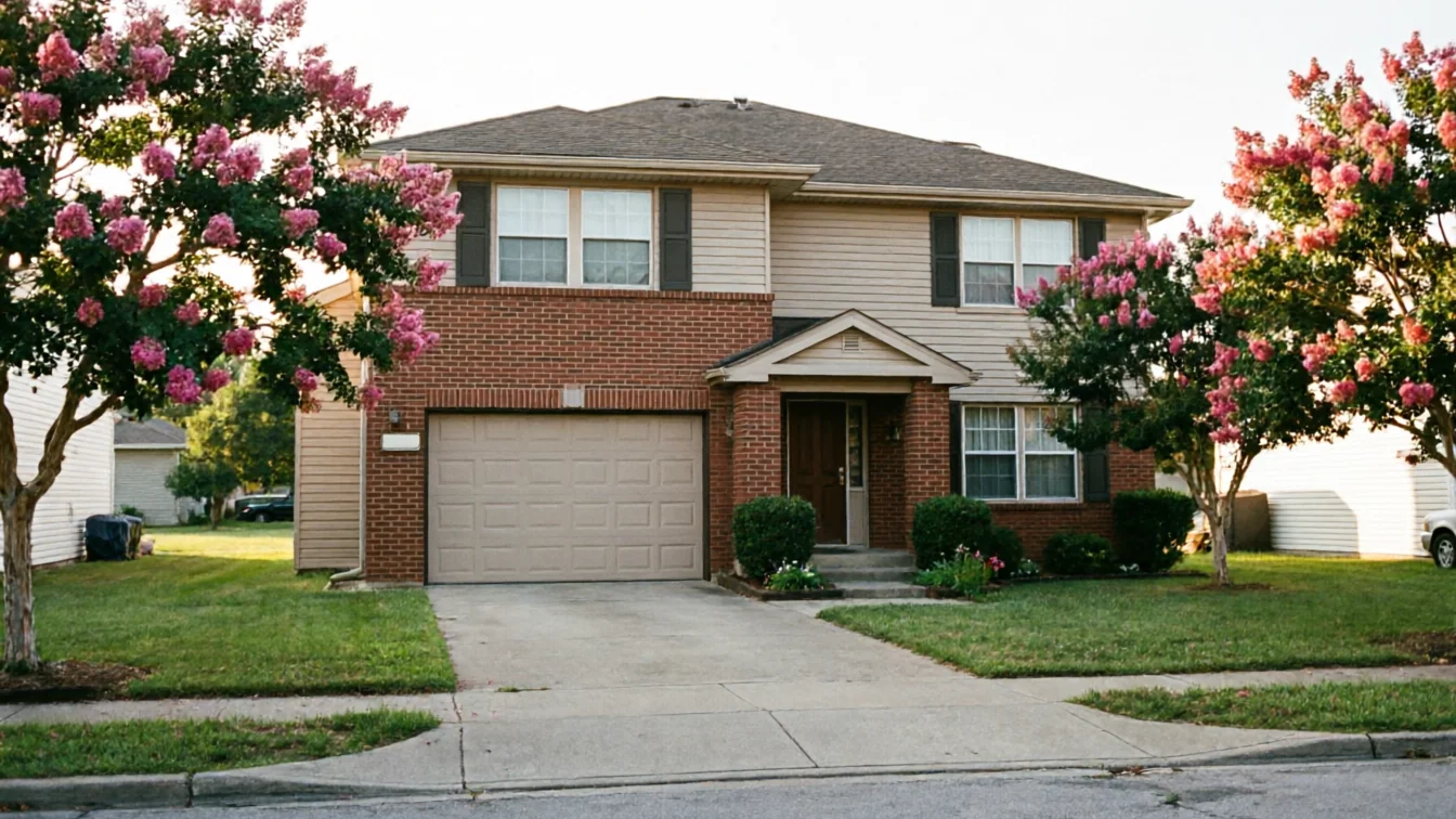 A two-story house with a beige garage door and brick facade.