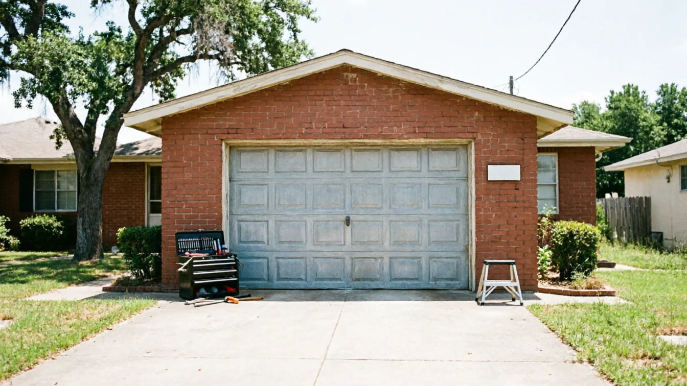 A brick house with a gray garage door, a toolbox, and a step stool.