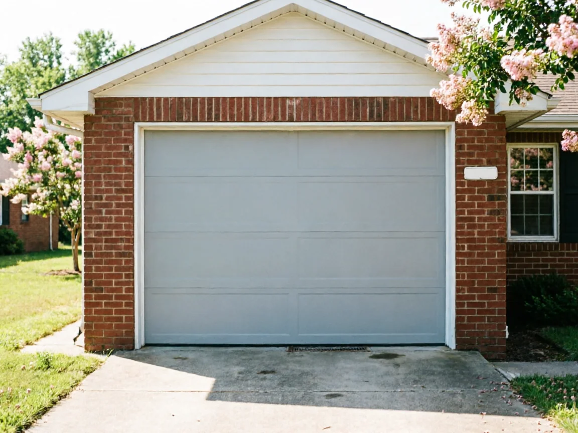 A light gray garage door on a red brick house with pink flowering trees.