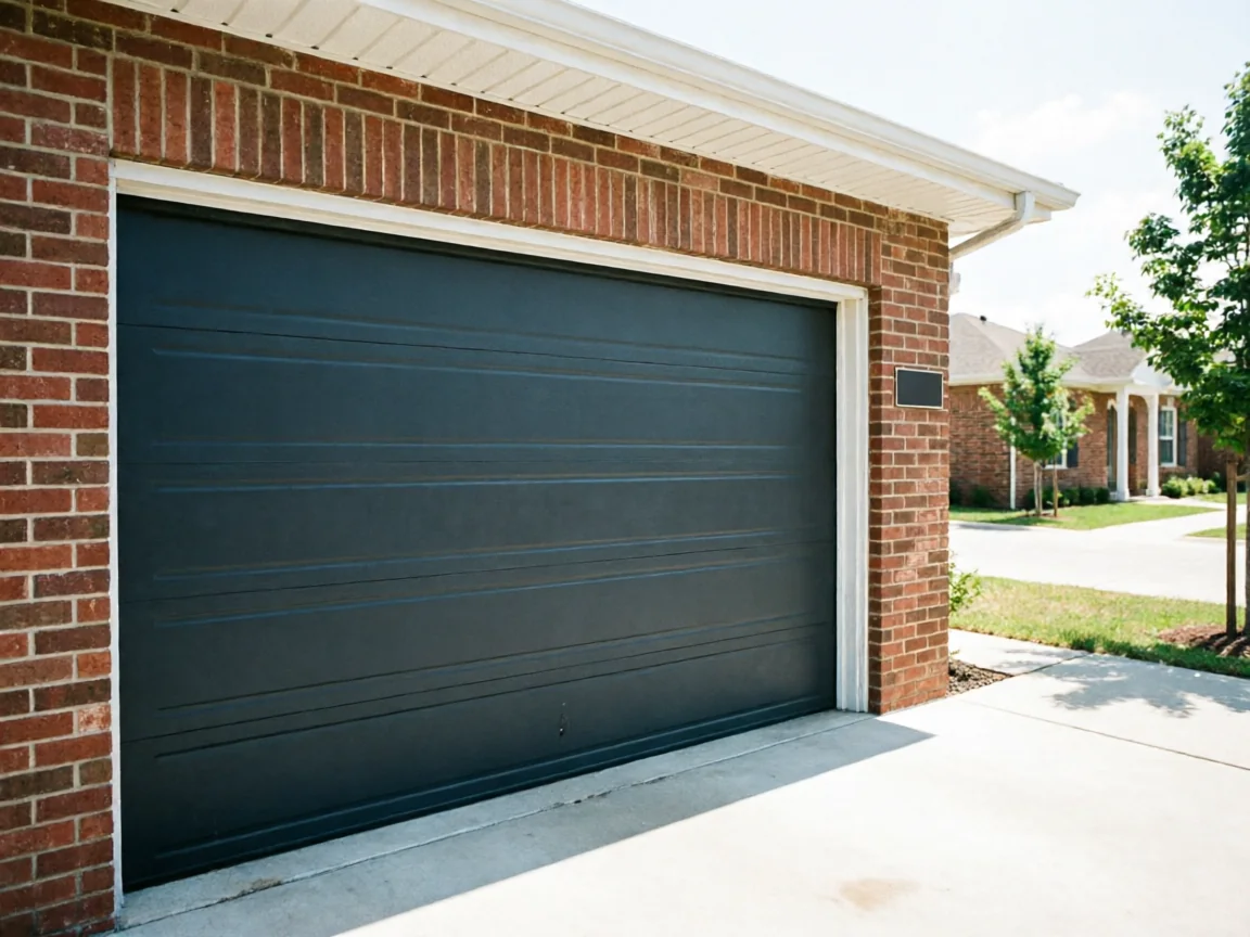 A dark gray garage door is closed on a brick house.