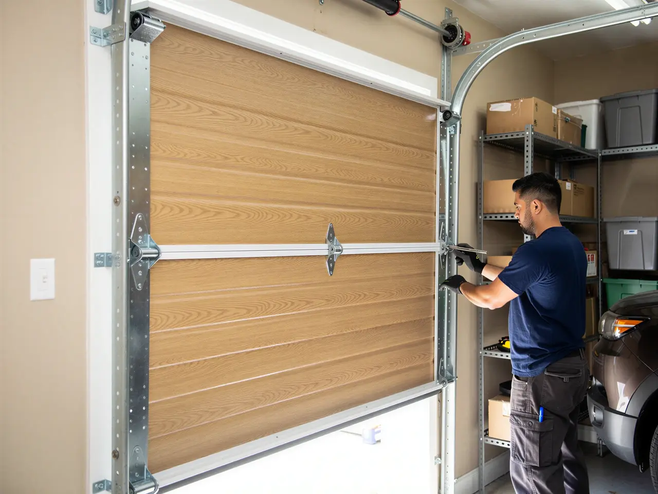 A technician works on a wood-look garage door in a garage.