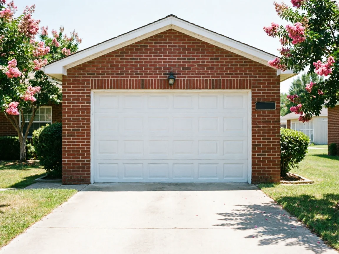 A white panel garage door is on a red brick garage with a concrete driveway.